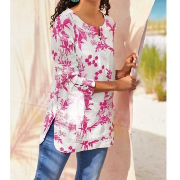 Soft Surroundings Top Women’s Sz M Etienne Tunic White And Pink Embroidered - Picture 2 of 7